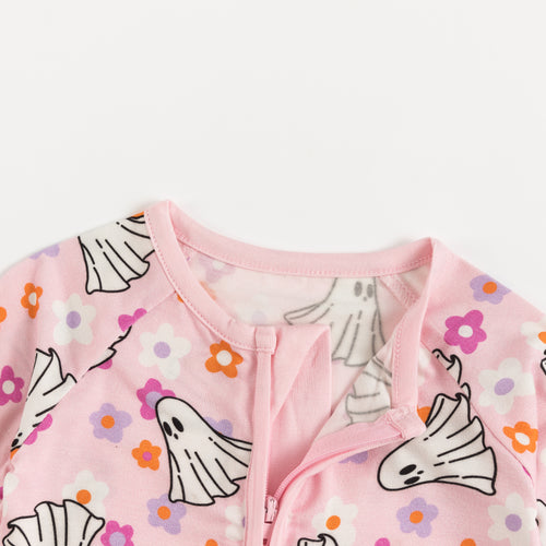 Halloween Pink Ghost Flowers Baby Bamboo Zipper Romper Pajamas