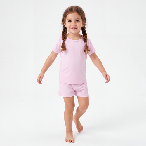 Kids Soft Pink Solid Bamboo Two-Piece Pajama Short Set