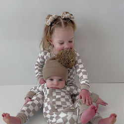 Light Gray Checkerboard Design Bamboo Zipper Romper Pajamas