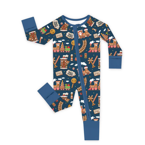 Bamboo Baby Zipper Romper Pajama Christmas Gingerbread Train Navy