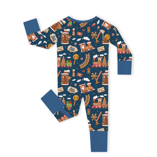 Bamboo Baby Zipper Romper Pajama Christmas Gingerbread Train Navy