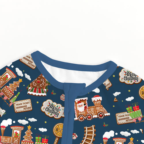Bamboo Baby Zipper Romper Pajama Christmas Gingerbread Train Navy