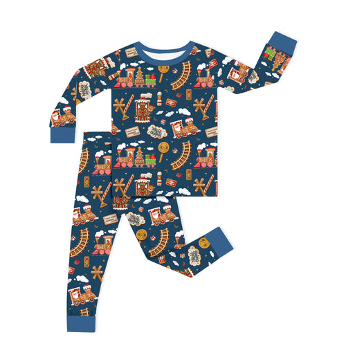 Bamboo Kids Two-Piece Pajama Set Christmas Gingerbread Train Navy