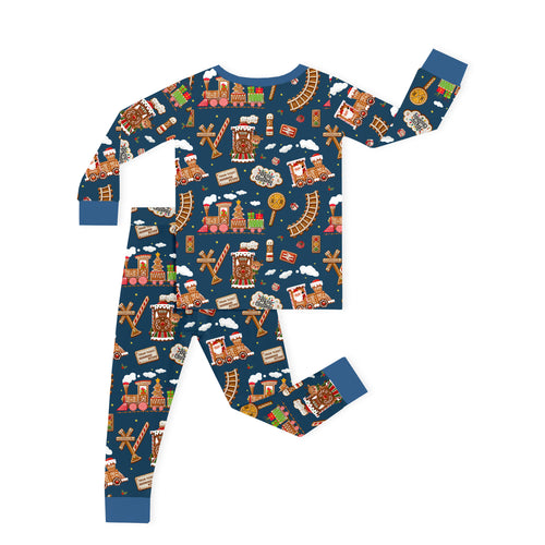 Bamboo Kids Two-Piece Pajama Set Christmas Gingerbread Train Navy