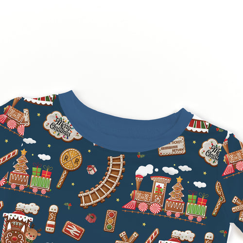 Bamboo Kids Two-Piece Pajama Set Christmas Gingerbread Train Navy