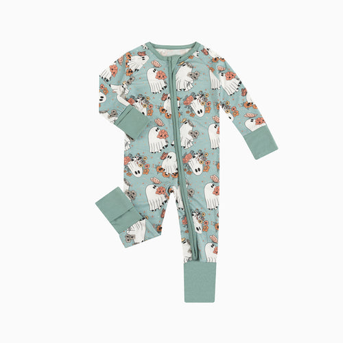 Halloween Green Ghost Flowers Baby Bamboo Zipper Romper Pajamas