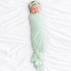Sage Green Solid Bamboo Knotted Gown with Hat Set