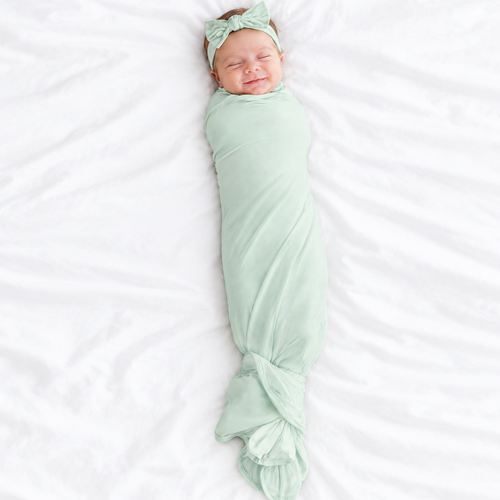 Sage Green Solid Bamboo Knotted Gown with Hat Set