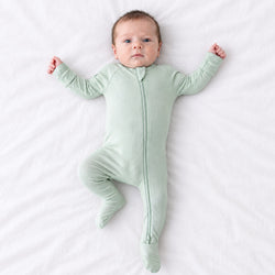 Sage Green Solid Bamboo Zipper Footed Pajama Romper