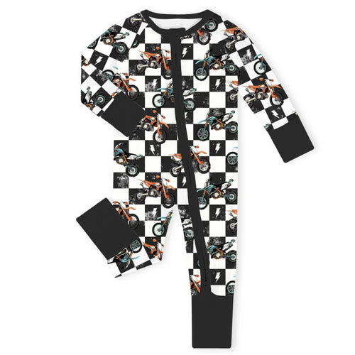 Black-White Checkered Motorcycle and Lightning Bamboo Zipper Romper Pajamas