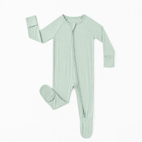 Sage Green Solid Bamboo Zipper Footed Pajama Romper