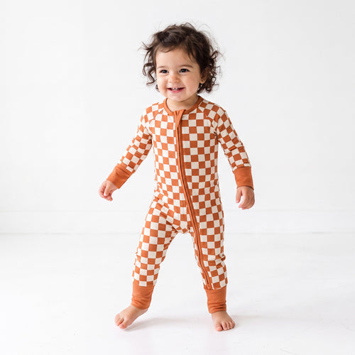 Orange Checkerboard Design Bamboo Zipper Romper Pajamas