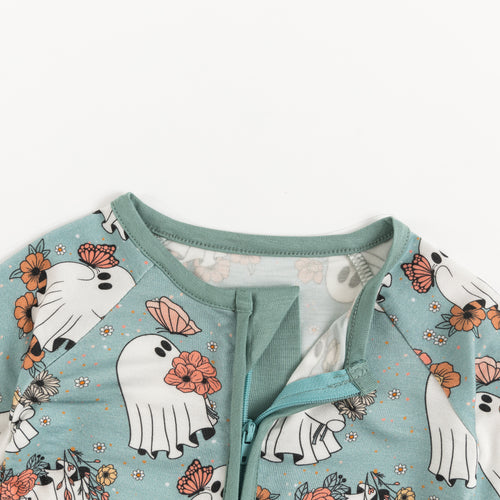 Halloween Green Ghost Flowers Baby Bamboo Zipper Romper Pajamas
