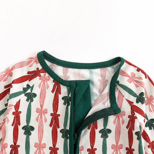 Three-color Striped Bow Bamboo Zipper Romper Pajamas