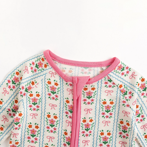 Pink Flower Stripes Bamboo Zipper Romper Pajamas