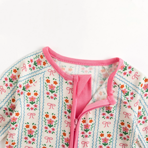 Pink Flower Stripes Bamboo Zipper Romper Pajamas
