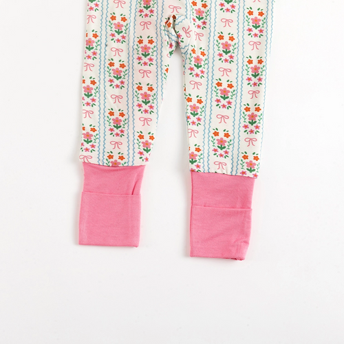 Pink Flower Stripes Bamboo Zipper Romper Pajamas