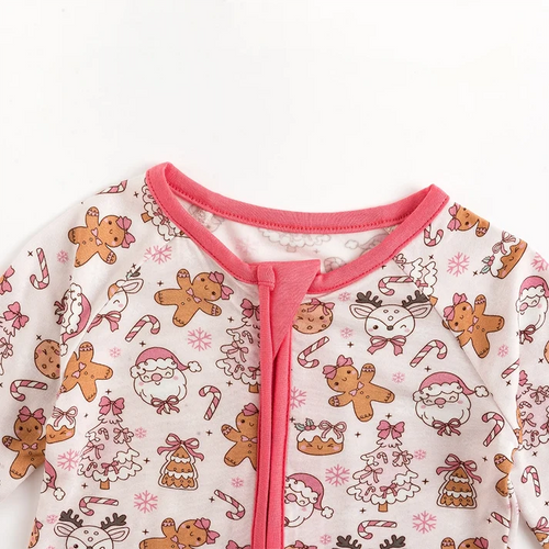 Bamboo Baby Zipper Romper Pajama Christmas Gingerbread Man Pink