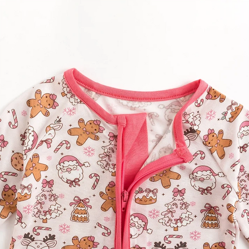 Bamboo Baby Zipper Romper Pajama Christmas Gingerbread Man Pink