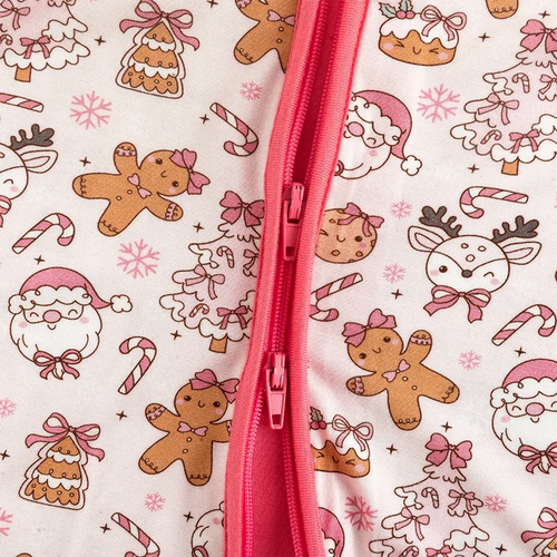 Bamboo Baby Zipper Romper Pajama Christmas Gingerbread Man Pink