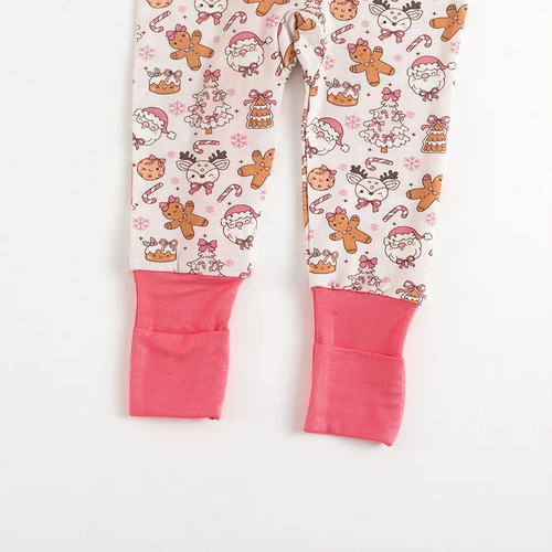 Bamboo Baby Zipper Romper Pajama Christmas Gingerbread Man Pink