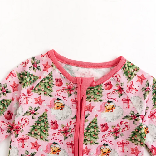 Bamboo Baby Zipper Romper Pajama Santa Claus Christmas Tree Pink