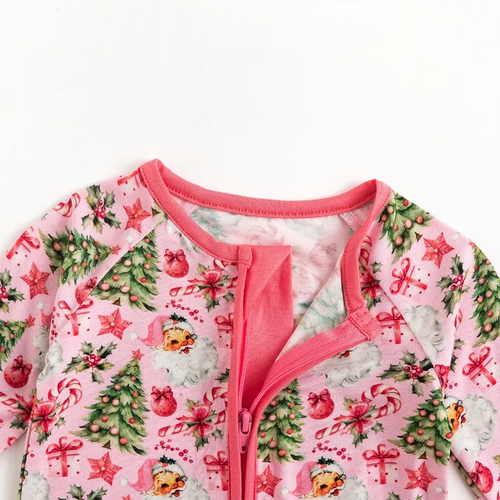 Bamboo Baby Zipper Romper Pajama Santa Claus Christmas Tree Pink