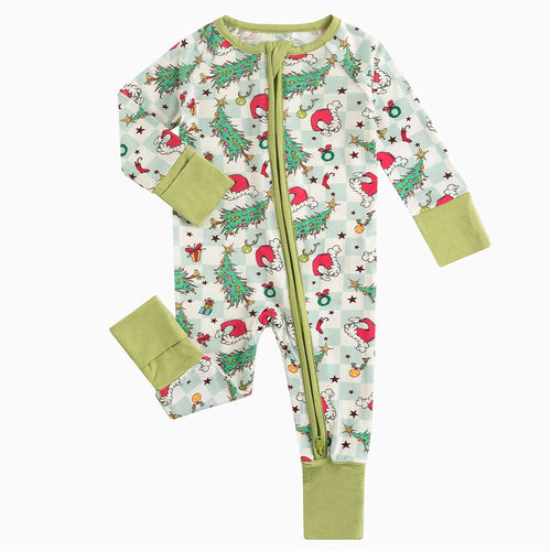 Christmas Tree Santa Hat Green Plaid Baby Bamboo Zipper Romper