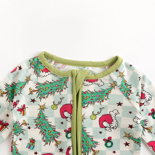 Christmas Tree Santa Hat Green Plaid Baby Bamboo Zipper Romper