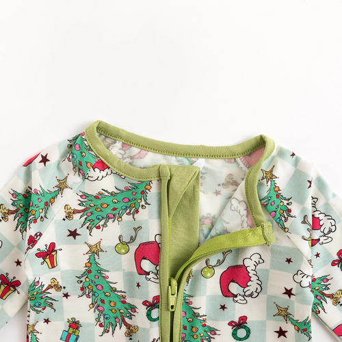Christmas Tree Santa Hat Green Plaid Baby Bamboo Zipper Romper
