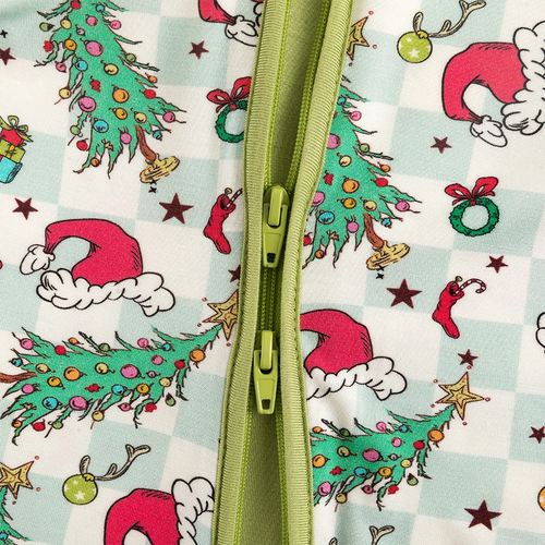 Christmas Tree Santa Hat Green Plaid Baby Bamboo Zipper Romper