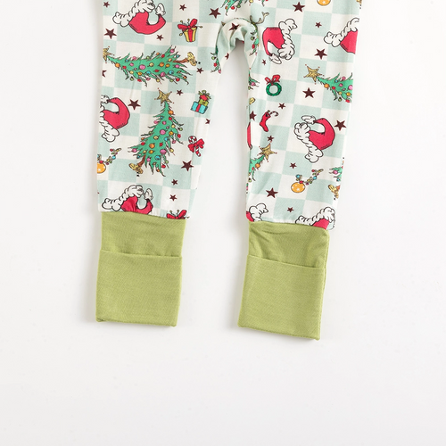 Christmas Tree Santa Hat Green Plaid Baby Bamboo Zipper Romper