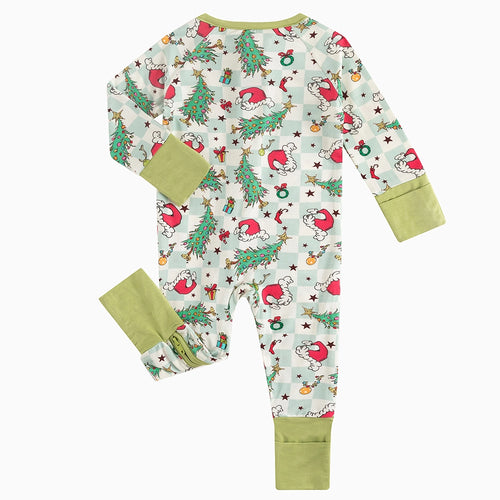 Christmas Tree Santa Hat Green Plaid Baby Bamboo Zipper Romper