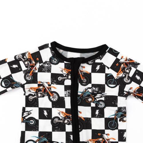 Black-White Checkered Motorcycle and Lightning Bamboo Zipper Romper Pajamas