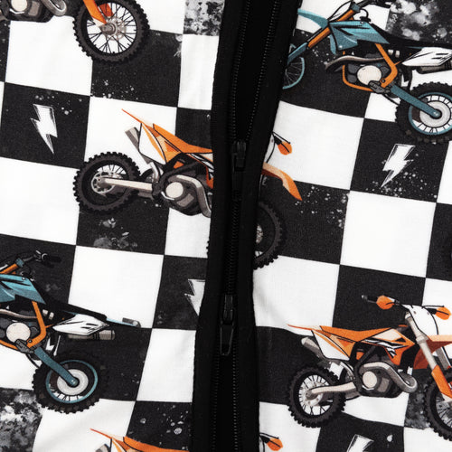 Black-White Checkered Motorcycle and Lightning Bamboo Zipper Romper Pajamas