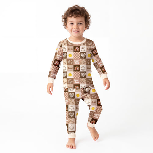 Retro Good Vibes Checkerboard Cream Kids Bamboo Two-Piece Pajama Set
