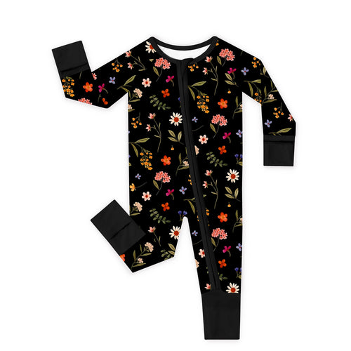 Midnight Wildflower Floral Fantasy Baby Bamboo Zipper Romper Pajamas