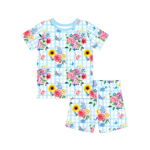 Gingham Garden Bouquet Kids Bamboo Two-Piece Pajama Short Sleeve Set