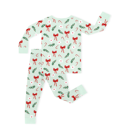 Bamboo Kids Two-Piece Pajama Set Christmas Bows and Candy Cane Garden