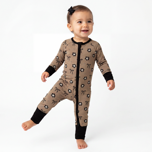 Skull Flower Bow Bamboo Zipper Romper Pajamas