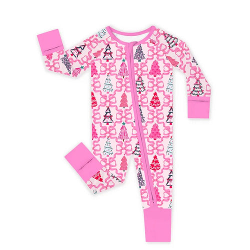 Bamboo Baby Zipper Romper Pajama Christmas Coquette Bow Trees