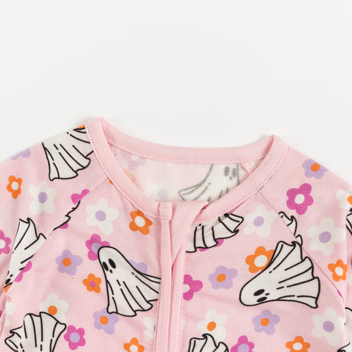 Halloween Pink Ghost Flowers Baby Bamboo Zipper Romper Pajamas