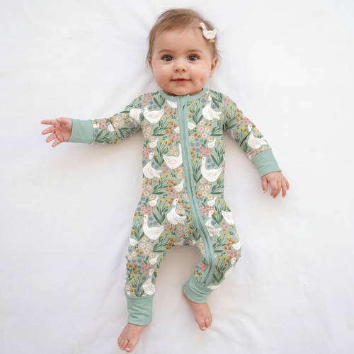 Baby Daisy Goose Garden Meadow Floral Bamboo Zipper Romper Pajamas