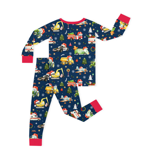 Bamboo Kids Two-Piece Pajama Set Christmas Winter Trucks Ride Adventure Red
