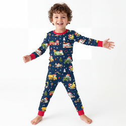 Bamboo Kids Two-Piece Pajama Set Christmas Winter Trucks Ride Adventure Red