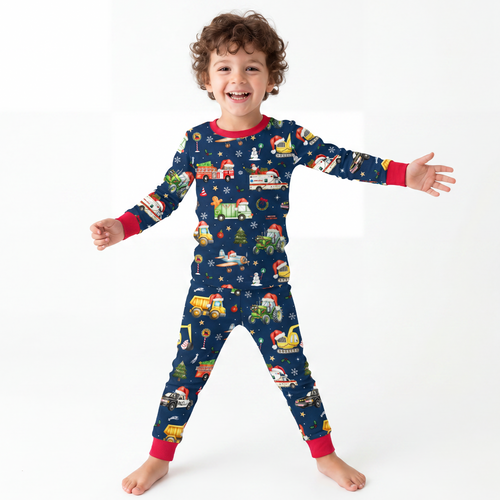 Bamboo Kids Two-Piece Pajama Set Christmas Winter Trucks Ride Adventure Red