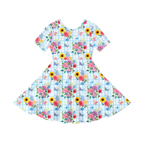 Kids Gingham Garden Bouquet Bamboo Short Sleeves Dress