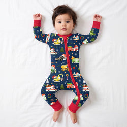 Bamboo Baby Zipper Romper Pajama Christmas Winter Trucks Ride Adventure Red