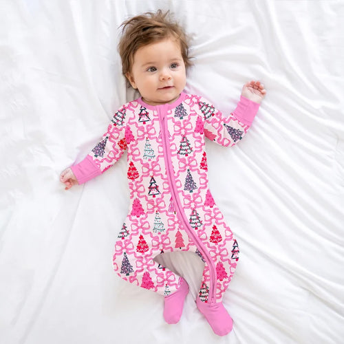 Bamboo Baby Zipper Romper Pajama Christmas Coquette Bow Trees