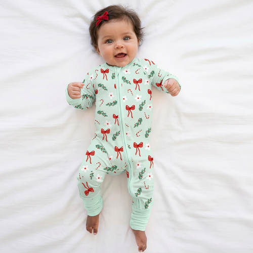 Christmas Bows and Candy Cane Garden Baby Bamboo Zipper Romper